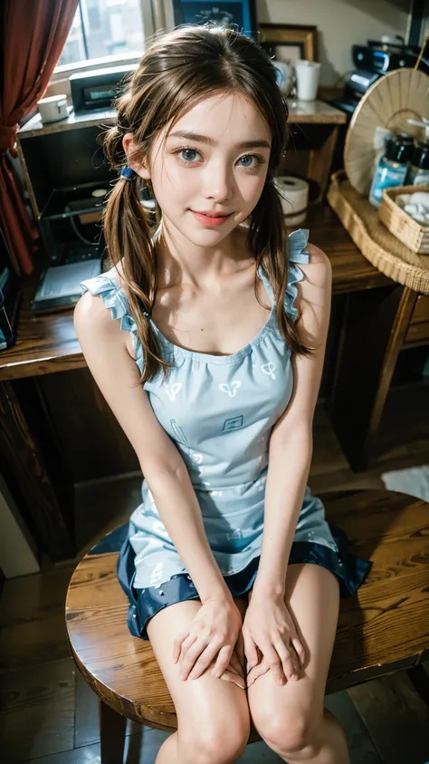  best quality,  Ultra High Resolution Camera Shot , 8k ,(( portrait of a person sitting with legs aligned :1.4)), (Realistic:1.6), (( blue eyes)),(( Shining Smile )),  RAW photo,((Realisticな美肌)),((nature pattern dress mini skirt:1.4)),((  Soft Breasts )),(...