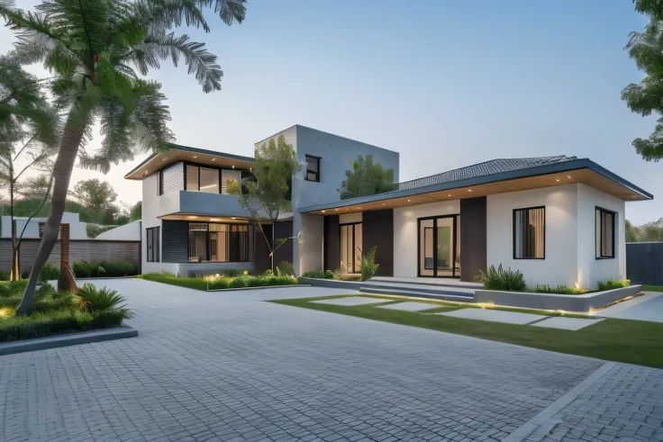 1 morden house, cofe space:1.4, main material by white wall and wood, large yard, 1 road runs in front of the house, (RAW photo, real, best quality, masterpiece:1.2), look morden minimalist, 1 road in front of the house, shime ring light, light brightenes...