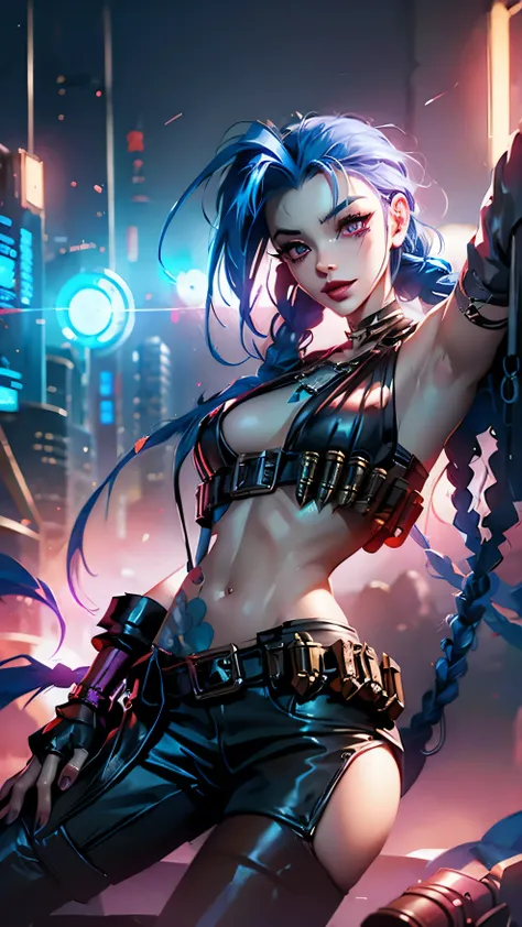 jinx, illustration, 0mib, illustrationr,  main part ,  high quality, 8k,  high res, high detail, cyberpunk background.