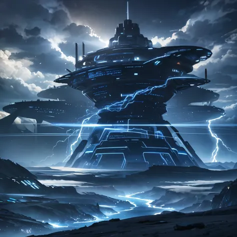 there is a big sci-fi city beten two mountains, "TRON: Legacy" landscape vibe, dark blue storm clouds, light blue lightning from the clouds, blue river, river to the horizon, electrified river, light blue lightning from the river, space sky, stars in the s...