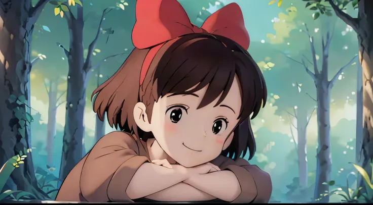 Neat and cute woman, brown clothes, smiling, forest, upper body, ultra-realistic anime