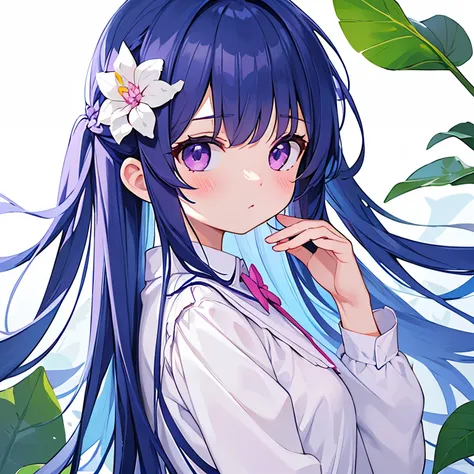  is the best quality, masterpiece,  extremely detailed,  Detailed Background, 1 Girl,  alone, Long hair, flower,  blue hair ,  white background, pink flower,  simple background , side,  upper body, shirt, white shirt, white flower, bow,  bangs,  purple eye...