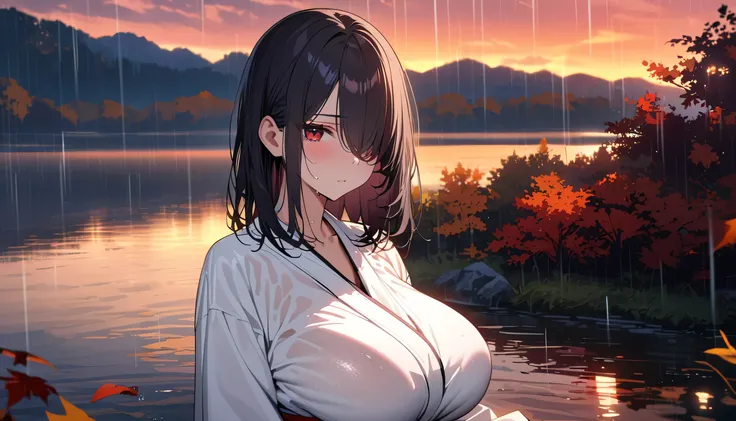 (masterpiece, Highest quality:1.2), (1girl), alone, ((medium hair)), (((black hair))), (straight hair), ((hair over face)), (hair over one eye), (hair over right eye), (white kimono) , ((dark red eyes)), (((big breast))), high detail, bloom, textured skin,...