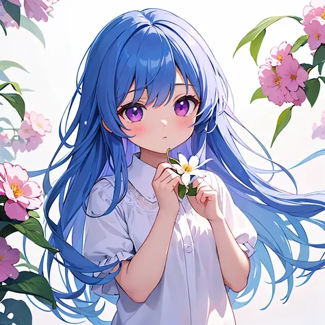  is the best quality, masterpiece,  extremely detailed,  Detailed Background, 1 Girl,  alone, Long hair, flower,  blue hair ,  white background, pink flower,  simple background , side,  upper body, shirt, white shirt, white flower, bow,  bangs,  purple eye...