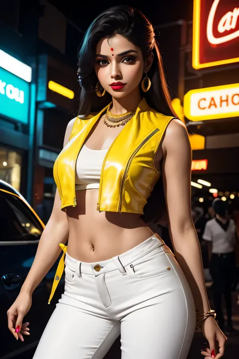 
" Ultra-realistic image of a beautiful young woman with straight hair , dressed in a yellow sari in a modern and elegant style, combined with a sleeveless leather jacket that provides a unique and contemporary touch. She wears tight white pants ,  that co...