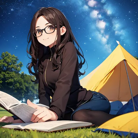 Young man sitting on the grass and reading a book, long black curly hair, Wearing glasses, Elegant smile, Bright brown eyes, Look up at the sky, light, whole body, Under a huge tree, A longer view, Tent in the background,  starry sky , light照亮的夜晚,  Photo E...