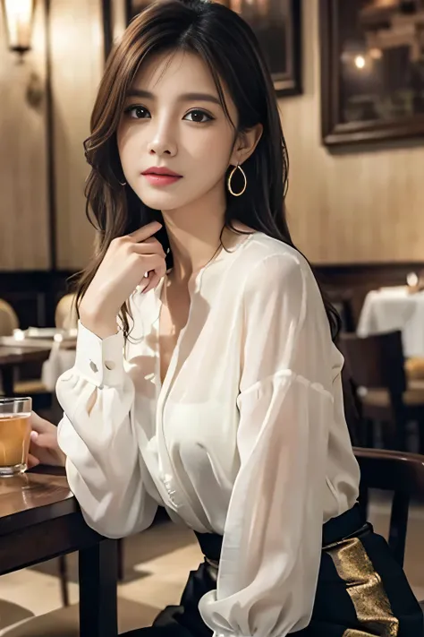 masterpiece、  top grade 、  real、  very detailed 、  fine detail、  high definition 、 8K wallpaper、  Beautiful Women、Wear an elegant white see-through blouse、At a nice restaurant、 at night 、 Light brown messy hair、  Perfect Dynamic Composition  、  beautiful e...