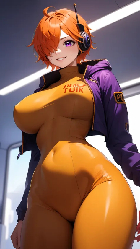 perfect anatomy, super detailed skin, (vegapunk_lilith, Lilith, headphones, Bangs covering one eye, bright orange hair, purple eyes:1.2), masterpiece、 best quality、masterpiece,  high definition , 8K quality,  perfect face, 1 girl, beautiful face, beautiful...