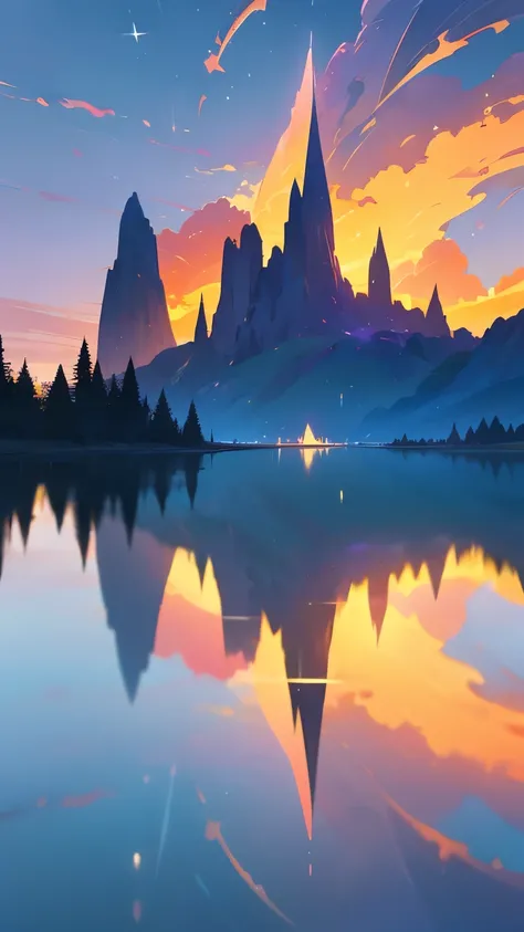 Photos that capture the essence of a magical dream world. A magnificent and legendary cliff jutting out over a beautiful lake, Surreal and vibrant colors illuminate the reflection.. The atmosphere is otherworldly, The soft evening light casts a fantastic s...