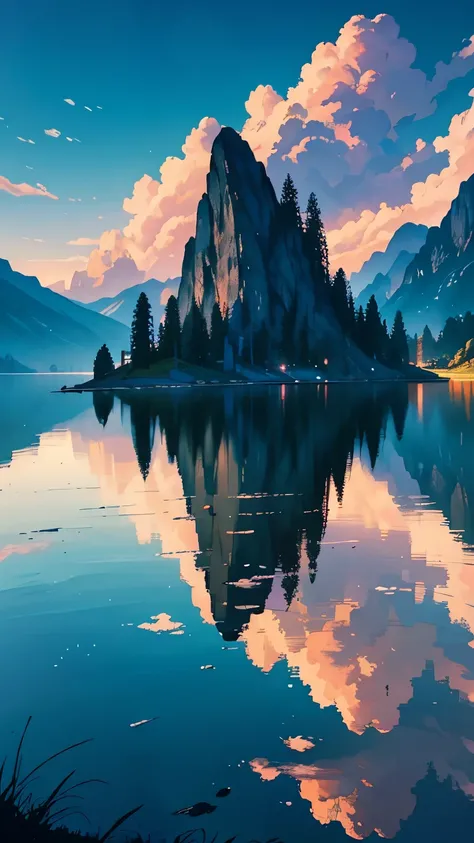 Photos that capture the essence of a magical dream world. A magnificent and legendary cliff jutting out over a beautiful lake, Surreal and vibrant colors illuminate the reflection.. The atmosphere is otherworldly, The soft evening light casts a fantastic s...