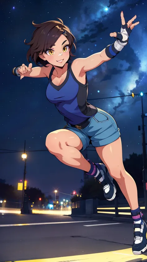 street dancer,  short hair, brown hair, yellow glowing eyes, perfect lips,big smile , confident smile,cute expression, cute face, cute pose, fingerless gloves, gun, tank top, jacket, cute pose, ultra detailed face, long eyelashes, sharp eyes , Fullbody sho...