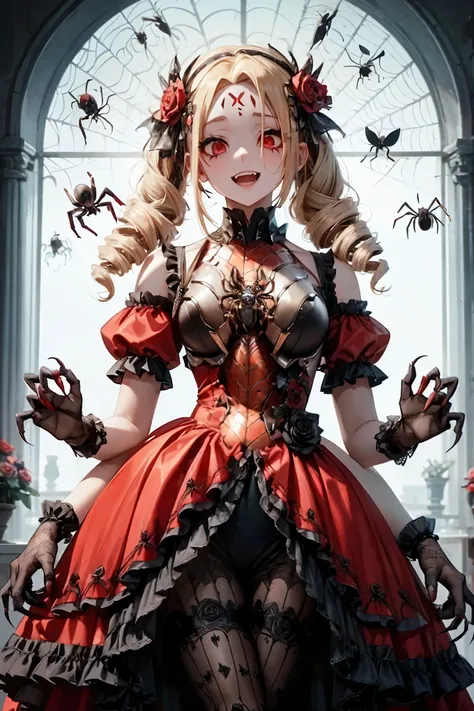 spider girl. lady. twin drill hair. blonde hair. red eyes. horror eyes. black and red dress. frills. dark fantasy. multiple arms...