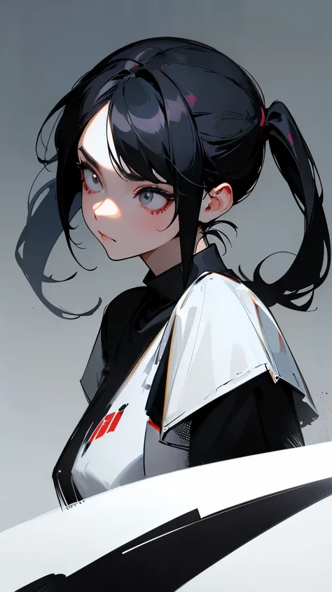 Black hair in a ponytail、 loose girl with twin tails, ,  black t-shirt , inflammation,  elegant ,  digital painting,  concept art,  sharp concentration, Illustration  