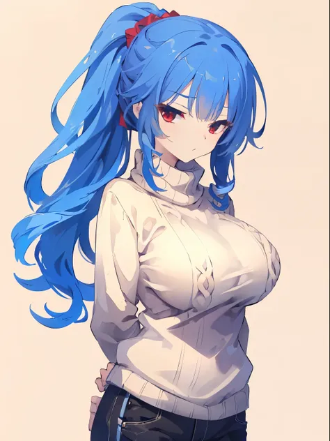 (half closed eyes, closed mouth), Russia, 1 girl, upper body, (facing viewer, looking viewer), standing straight, (red eyes, (jitome), (blue hair), ponytail, large breast), (beige sweater), ((black pants)), (gray background), Sharp Focus, (Best Quality, ma...