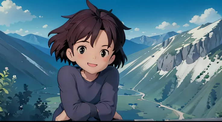 Cool boy, black clothes, smiling, mountain, upper body, ultra-realistic anime