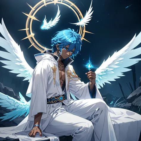 masterpiece, best quality, highly detailed, digital art, anime style, male angel, dark-skinned male, (detailed facial features:1.3), (sharp detailed eyes:1.4), (blue eyes:1.2), curly blue hair, white flowing robes, ethereal glowing cyan wings, halo, sittin...