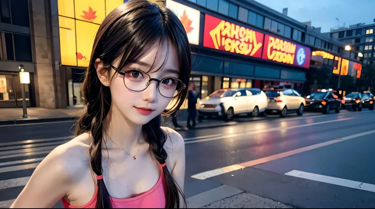 (Best Quality, masterpiece), 1 girl, Sun shining , Inside the building, Black Hair , Beautiful long hair, braided , Pink Eyes, Glasses, cute, Bright expression, Feeling good, (sagging Breasts, sagging), (bright red Fashionable tube top, yoga pants), shy, 1...