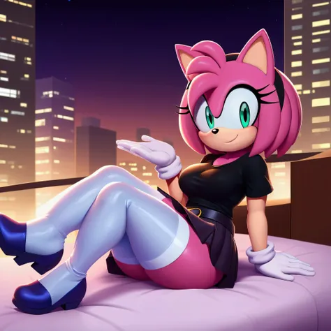 amy rose, ,sitting on her knees facing forward ,in bed,in the background the city at night ,,lights on the ceiling,flirtatious l...