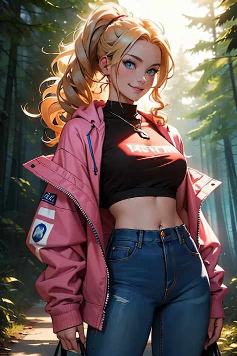 ((best quality)), ((masterpiece)), (detailed), perfect face, young woman, woman, blonde curly hair in a ponytail, blue eyes, smiling, wearing a jacket over a crop top and jeans, puffy pink keychain attached to jeans, background is a dark forest at night