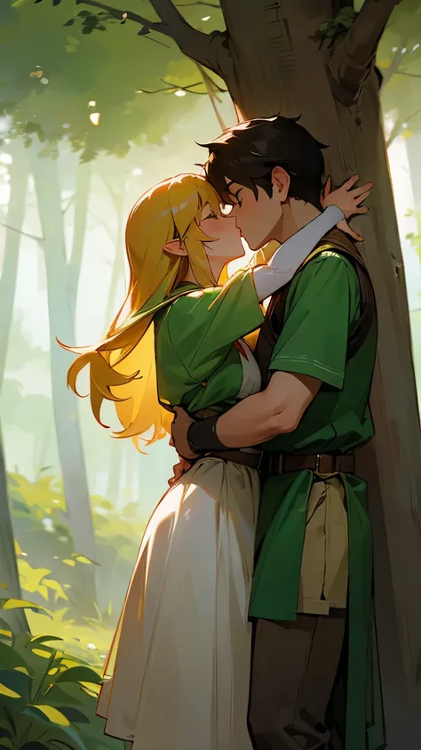 Man and woman embracing in the forest, Female Link and Maron kiss, Peasant boy and girl&#39;s first kiss, Gregoire and Manon, A nice kiss,  Kissing is a spell without words  ,  Fairytale style background ,  girls have red hair and big breasts, Thighs, That...