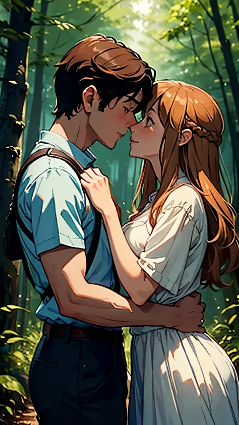 Man and woman embracing in the forest, Female Link and Maron kiss, Peasant boy and girl&#39;s first kiss, Gregoire and Manon, A nice kiss,  Kissing is a spell without words  ,  Fairytale style background ,  girls have red hair and big breasts, Thighs,Stron...