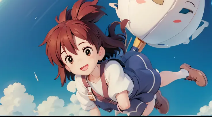 Cute girl, smiling, flying in the sky, ultra-realistic anime