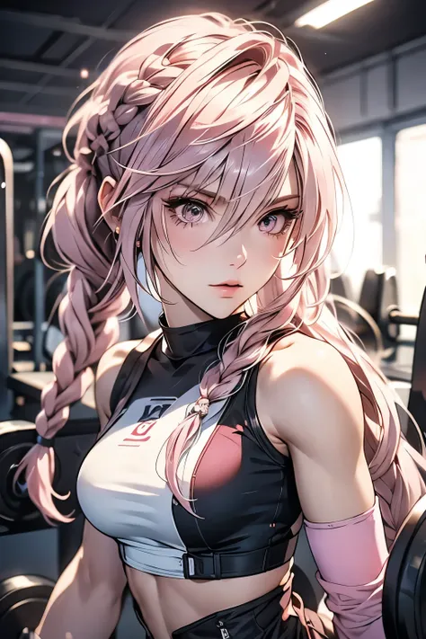 woman in a gym, top, shorts, well defined body, pink hair, pink eyes, long and messy hair, braids, fingerless gloves, ultra detailed body, cute pose, lovely, semi realistic face