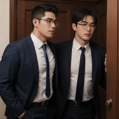  tall and burly middle-aged man leaning by the office door  , Big shoulders,Wearing glasses，Short hair，Round Face，fat，Beer belly，Lean by the office door,   wearing a formal navy blue blazer，Dark blue tie， white shirt and black pants ,Black Belt