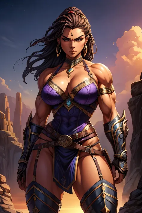  illustrate a powerful female warrior in vibrant colors inspired by Masters of the Universe. She is African with dark brown skin with ultra-detailed dark purple dreadlocks flowing from her head, framing her face and strong jawline. Her eyes are a striking,...