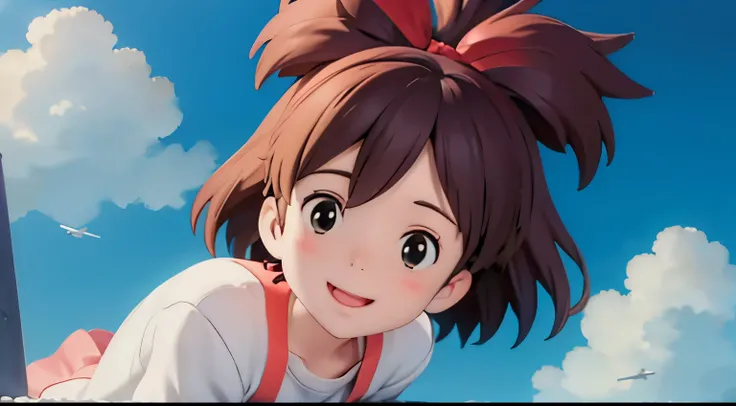 Cute girl, smiling, flying in the sky, ultra-realistic anime