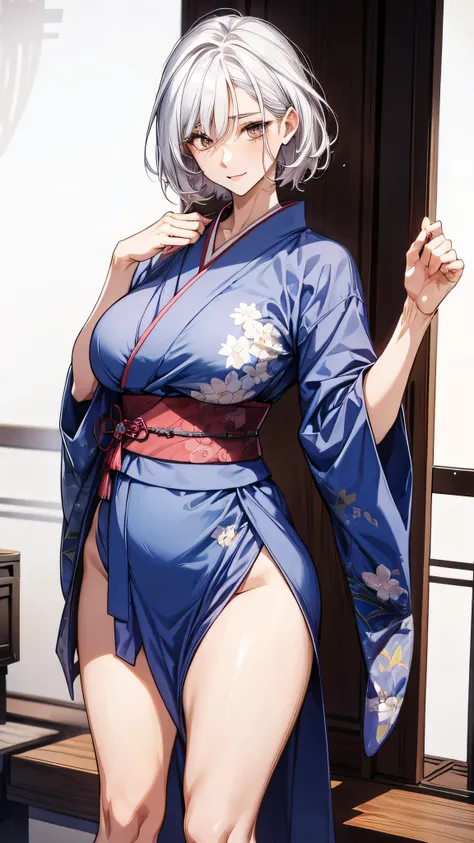 matural woman，40 years old，sexy body，dress in kimono，big natural huge pump perky breasts，busty body ，fleshy thighs，white hair，open legs ，spreading