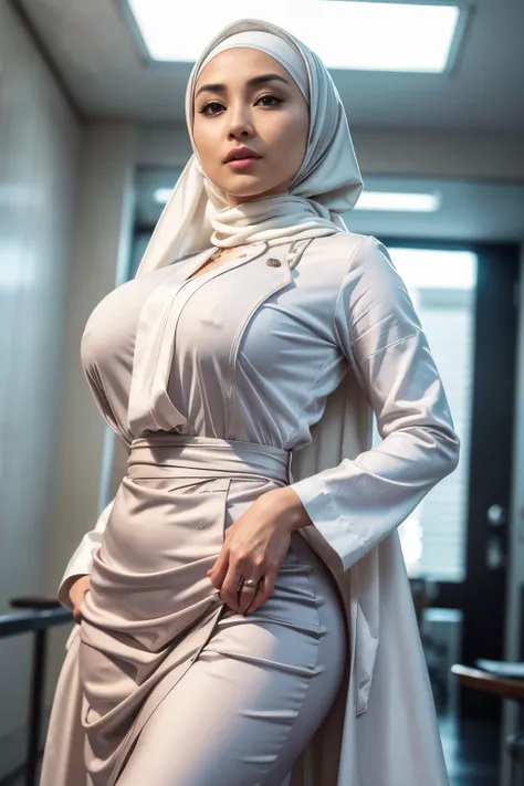 Photorealistic beautiful Hijab Indonesian Mature woman, doctor、stunningly beautiful、doctors white coat, Collared shirt、(top-quality、8K、32K、​masterpiece、nffsw:1.3)、超A high resolution,(Photorealsitic:1.4),Raw photography, Detailed face,,Beautiful hijab, ((Do...