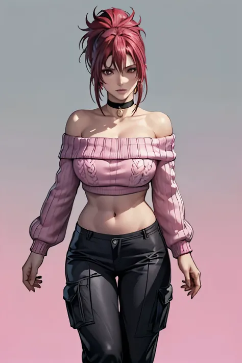 Leona Heidern, 1woman, breasts, solo, jewelry, red eyes, triangle earrings, leona heidern, crop top, ponytail, red hair, BREAK (pink theme:1.4), (vivid colors:1.3), (pink sweater:1.4), (long-sleeve:1.3), ((off shoulder, navel, stomach):1.3),BREAK (black th...