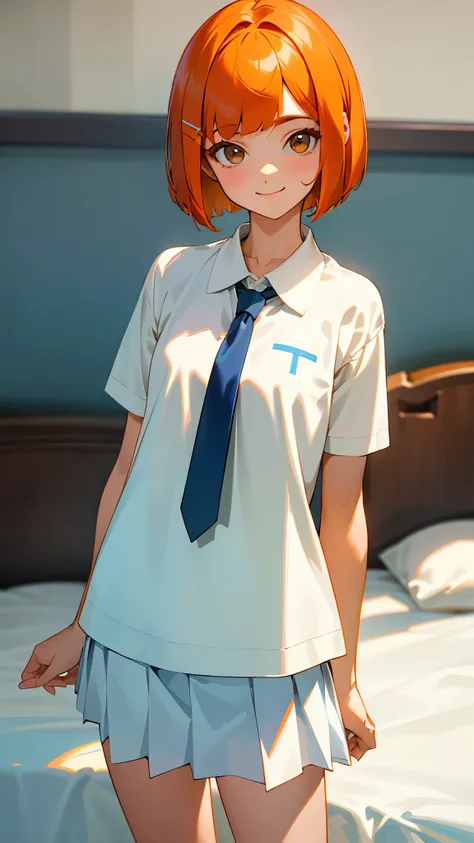  girl、solo、The appeal of tennis 、 white polo shirt、 white miniskirt 、 dark blue hair 、 bob cut from the front、 jet black brown eyes 、 tie hair with an orange hair clip、smile、 stick your hands forward、bedroom、 bedroom 、Bokeh、 High Quality 、4K、 portrait、 bri...