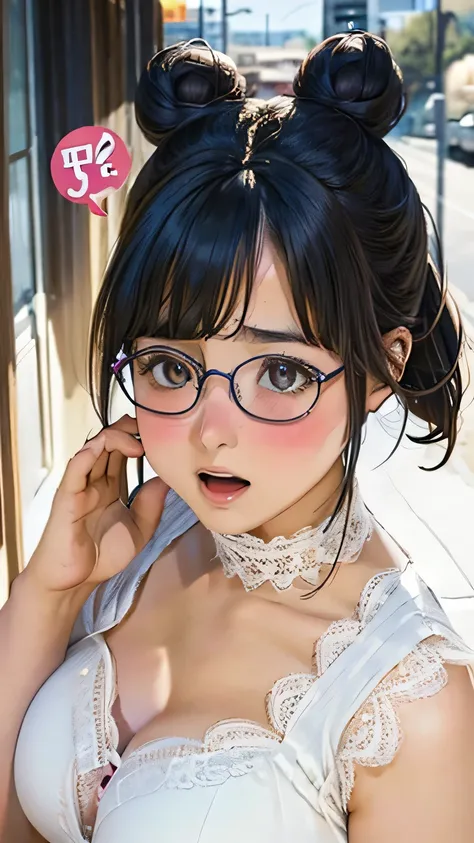  Beautiful Girl ,  very big face. very big head,Circular Face,( big eyes)(( embarrassed ))((Blushed cheeks)),  has an open mouth,(Surprised), Im sweating all over,color々A pose,Big Breasts, thigh, Round face,  濃い茶colorの髪 , Glasses, Bun style hair, ((Changin...