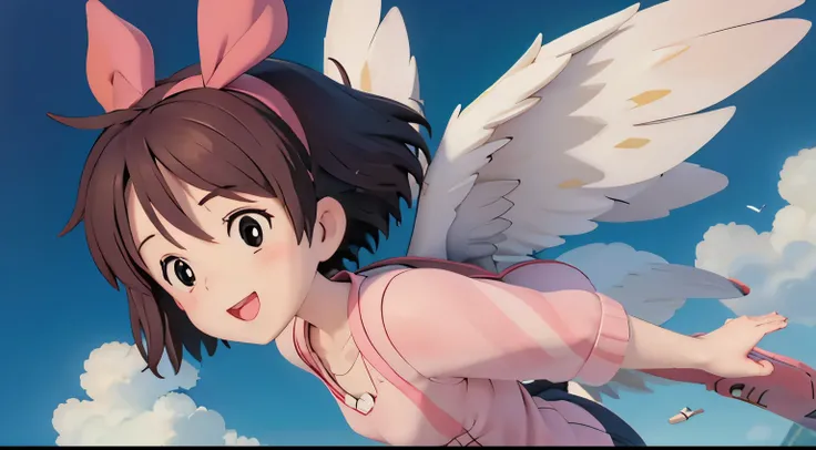 Cute girl, wings on her back, flying in the sky, smiling face, ultra-realistic anime