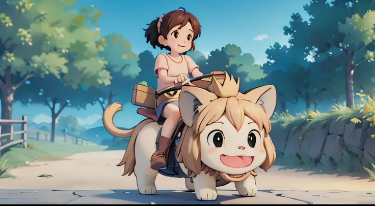 Cute girl riding on lions back, smiling, super realistic animation