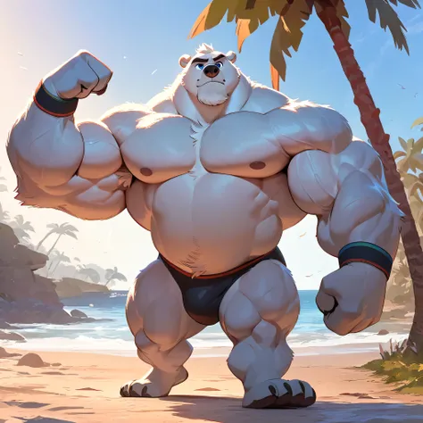 huge muscular polar bear in beach, big hulking flex, grunting noise, polar bear, huge white fur, thick arm, huge arm, added thigk colored gray mustache, added thick colored grey beard. Short white hair, (veiny muscular, pectoral, wide pectoral, thick arms)...