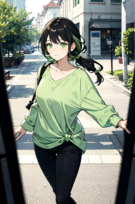 One with long light black hair tied together ,  light green eyes   , wearing casual clothes