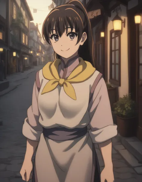 score_9, score_8_up, score_7_up, gsfghtr, multicolored robe, neckerchief, 1girl, bright, best lighting, smile, town square