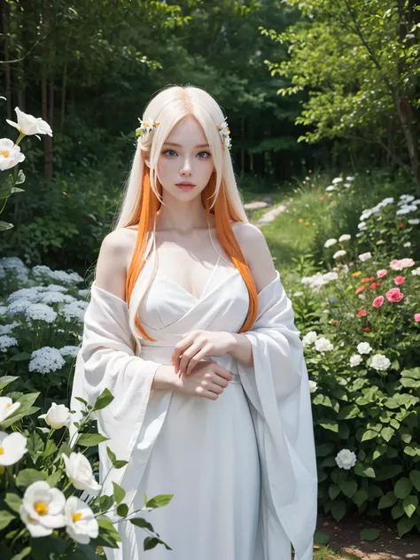 Long white orange hair, blue eyes, serious features, white skin,  in a garden, with flowers , in the forest 