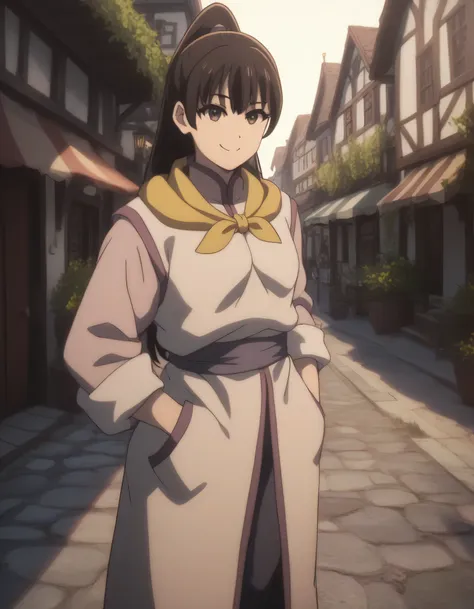 score_9, score_8_up, score_7_up, gsfghtr, multicolored robe, neckerchief, 1girl, bright, best lighting, smile, town square