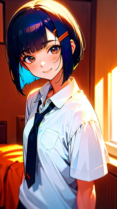  girl、solo、 white polo shirt、 white miniskirt 、 dark blue hair 、 bob cut from the front、 jet black brown eyes 、 tie hair with an orange hair clip、smile、 upper body close-up、bedroom、 bedroom 、Bokeh、 High Quality 、4K、 portrait、 bright color、 natural light。