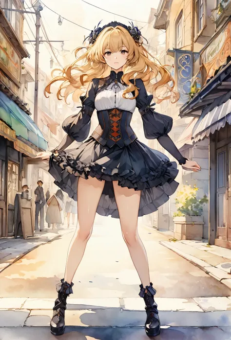 (((nsfw)))、 (((watercolor))), (((gothic))),      tree々Woman standing on a street surrounded by   、 A fascinating scene  ,    Decorate with a hair ornament   、     The pose is medium length    ,         wavy blonde hair  ..。.。Super mini skirt with frills, s...