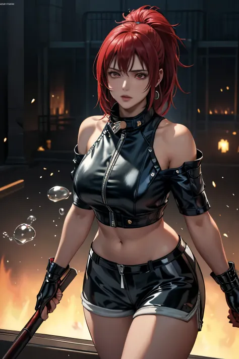 Leona Heidern, 1woman, breasts, solo, jewelry, red eyes, triangle earrings, leona heidern, crop top, ponytail, bright red hair, (rock style), (zipper on black crop-top:1.4), (black latex shorts:1.4), ((leather jacket on shoulders, bare shoulders):1.3), (cr...