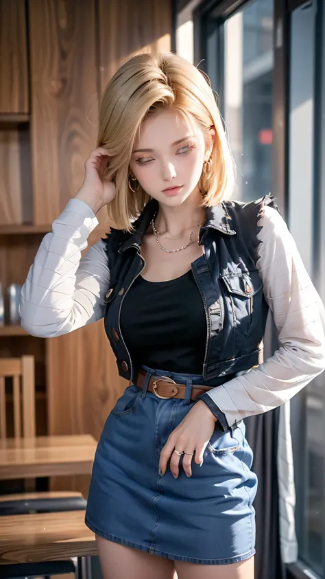 Android 18, Light Blonde hair, Medium hair shaggy cut for women, Blue Transparent eyes of Slavic Caucasians, She has sexy double eyelids above and below her eyes, The flash in the eyeballs is brilliant, She is not wearing any jewelry such as a necklace aro...