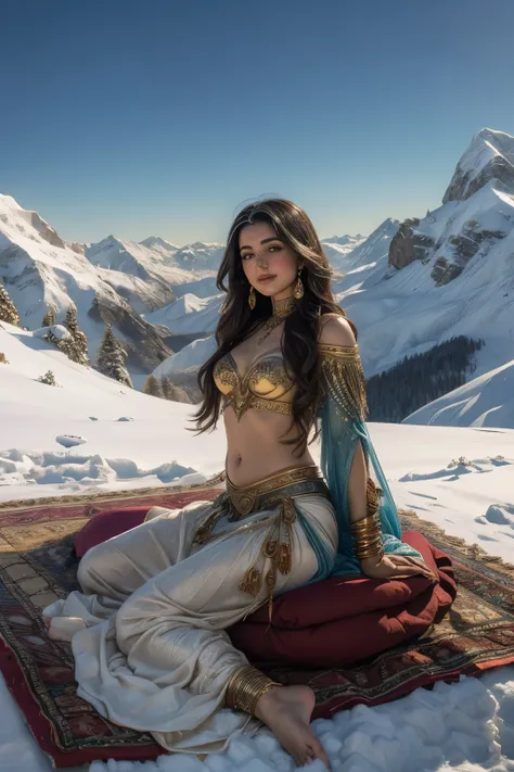 (masterpiece), (best qulaity)[fantasy art, digital art] hot arabian belly dancer face of selmy hayek, perfect face, sitting on a flying magic carpet high in the air, baroque embroided, arabian pattern, n flight in winter mountains, snowy, cold, icy wind