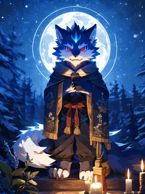 nj5furry，beast，Full body portrait，doll， there was nothing there ，juvenile，male，demon，Wolf， fluffy hair ，White plush claws， red eyes， Delicate eyes， careful eyes ，Very high detail，8K high definition characters，night，Teahouse