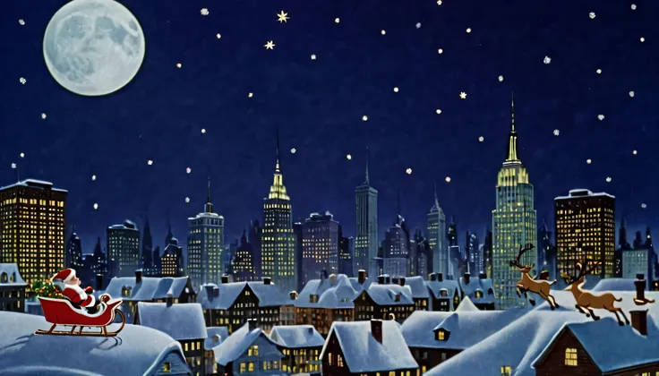 1950s,America, New York Skyscrapers ,Midnight,,Outside is a snowy landscape, Santa is flying in the sky on a sleigh drawn by a reindeer、