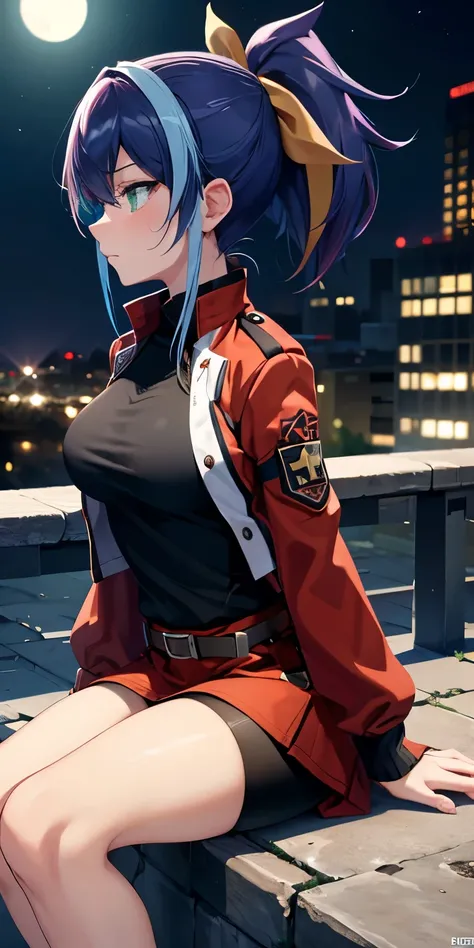 1 Female,High definition,high resolution,Ultra-realistic,8K, aaserena, ponytail,(multicolored hair),green eyes,black shirt,jacket,belt,red skirt,(shorts under skirt), tight skirt, miniskirt,European,sexy,Upper body close-up,Photographed from the front,Dyna...